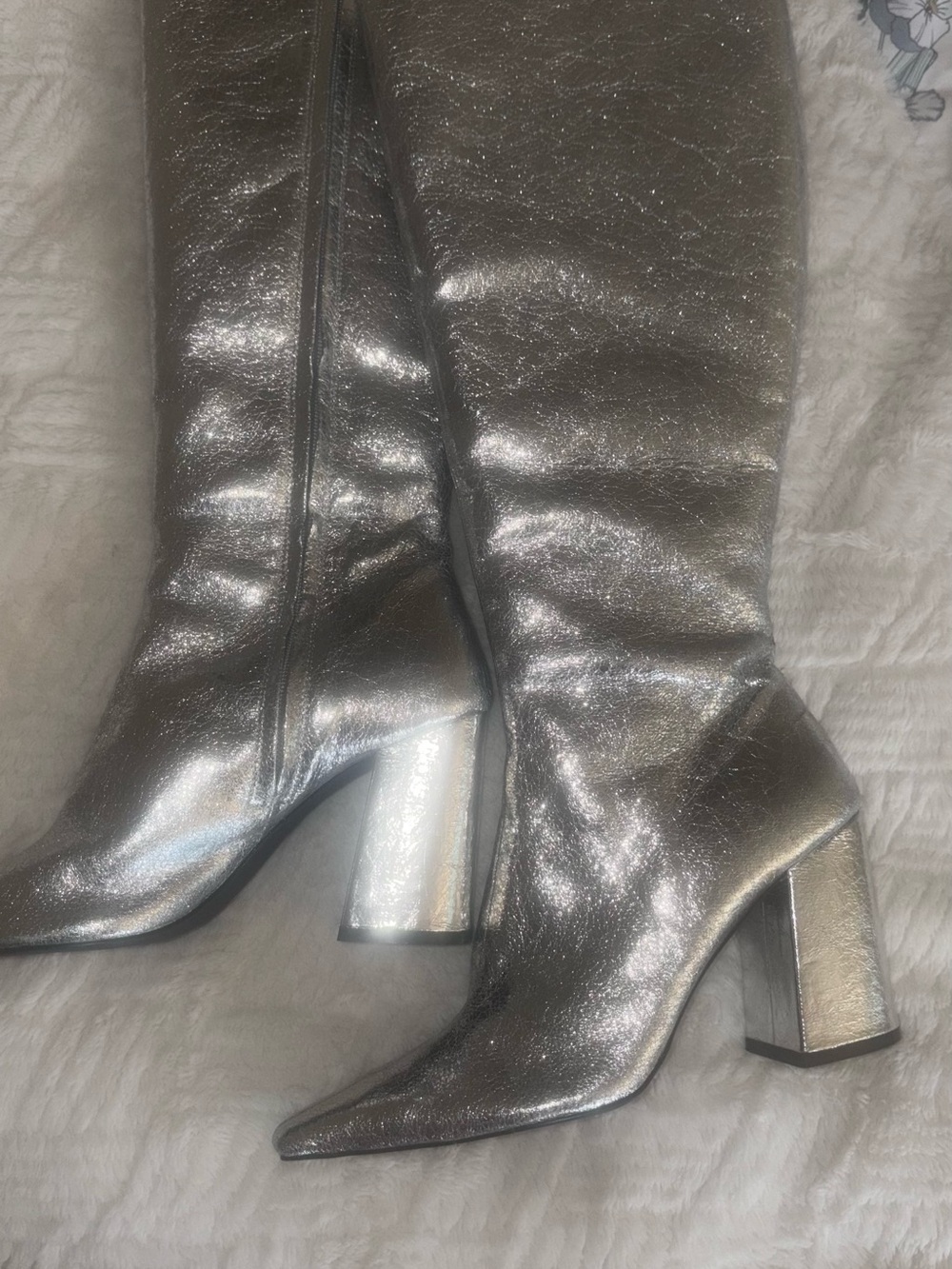 Metallic Silver Over-the-Knee Block Heel Boots - Women